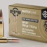 Prvi Partizan PPU Match, tan ammunition box with four brass cartridges displayed in front