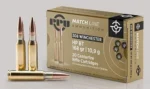 Prvi Partizan PPU Match, tan ammunition box with four brass cartridges displayed in front