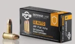 Prvi Partizan PPU 32ACP JHP black ammunition box with two brass cartridges, angled view