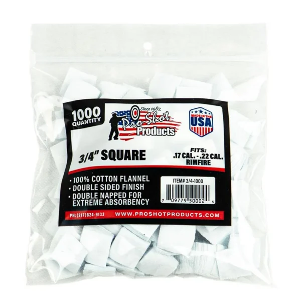 Pro-Shot 3/4-inch Square Cotton Patches, white patches in a clear labeled bag, front view