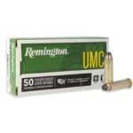 Remington UMC Handgun Ammunition green and white box with three brass cartridges displayed