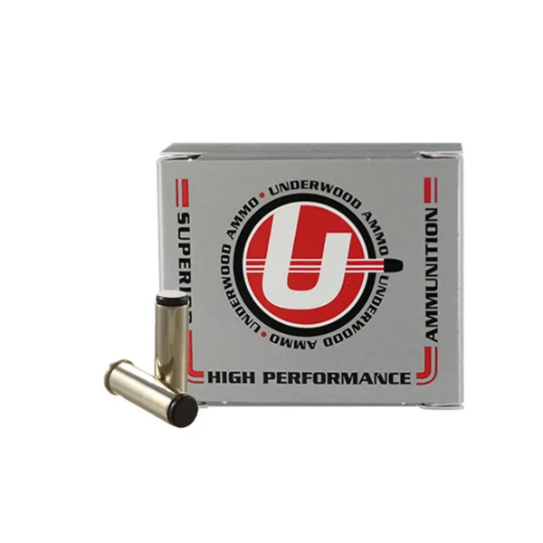 Underwood Ammo Lead Wadcutter Handgun Ammunition, silver box with two cartridges