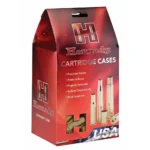 Hornady Unprimed Brass Handgun Cartridge Cases, red retail box in front angled view