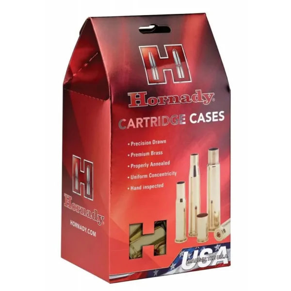 Hornady Unprimed Brass Handgun Cartridge Cases, red retail box in front angled view