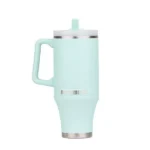 Rock Ridge Outdoors Mammoth Ascent Tumbler, front view in seafoam green with handle, lid and straw