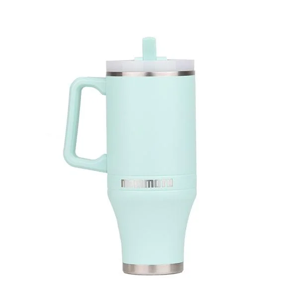 Rock Ridge Outdoors Mammoth Ascent Tumbler, front view in seafoam green with handle, lid and straw