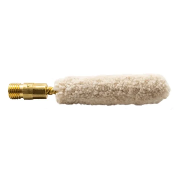 Pro-Shot Shotgun Bore Mop, white fuzzy mop with brass threaded end, side view