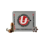 Underwood Ammo Handgun Ammunition, front view of gray box with loose cartridges and expanded bullet