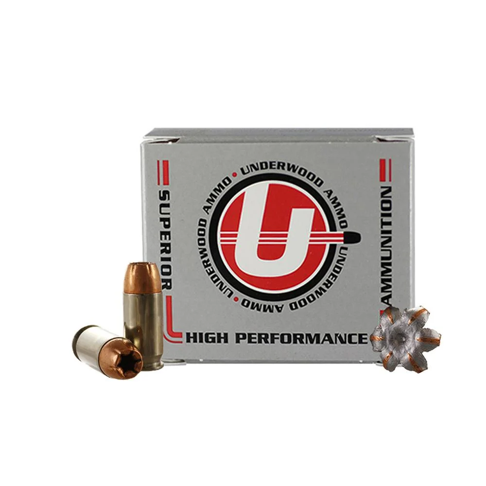 45-auto-p-230gr-jhp-handgun-ammo-primary Underwood Ammo Handgun Ammunition, front view of gray box with loose cartridges and expanded bullet