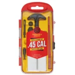 Shooters Choice .45 Cal Handgun Cleaning Kit, front view in clear red and yellow case with tools
