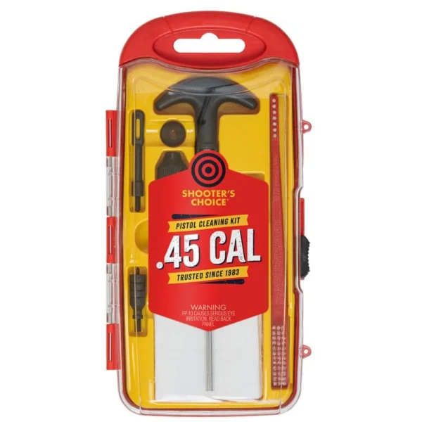 Shooters Choice .45 Cal Handgun Cleaning Kit, front view in clear red and yellow case with tools