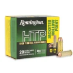 Remington HTP Handgun Ammunition, green and yellow box with three brass cartridges, front view