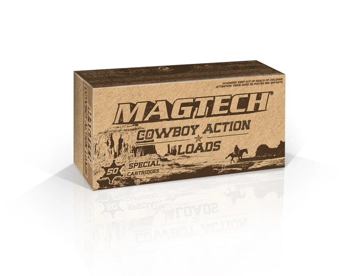 45-colt-250-gr-lfn-handgun-ammo-primary MagTech Handgun Ammunition brown Cowboy Action Loads box, angled front view