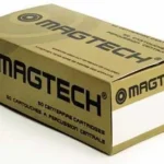 MagTech Handgun Ammunition, tan and white branded box, angled front view