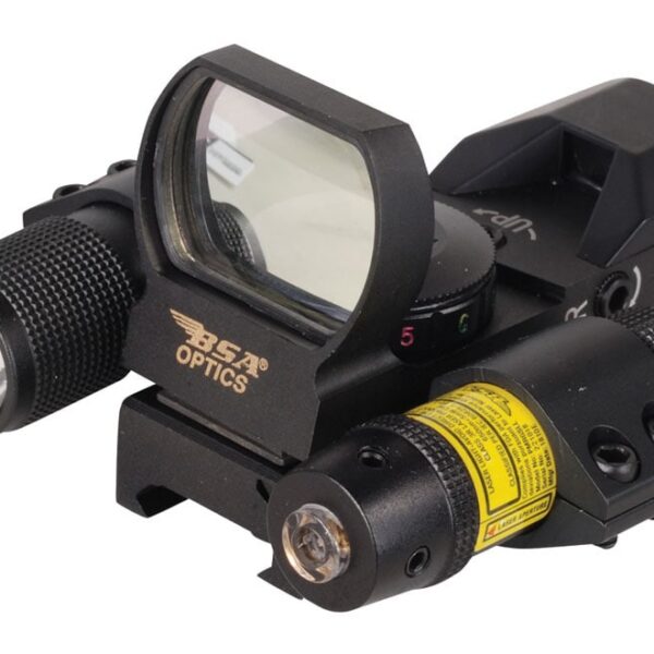 BSA Reflex Sight with Red Laser 33x24mm 4 Reticles Red QR Mount for Weaver/Picatinny