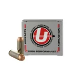 Underwood Ammo Handgun Ammunition, gray box with three brass cartridges, front view