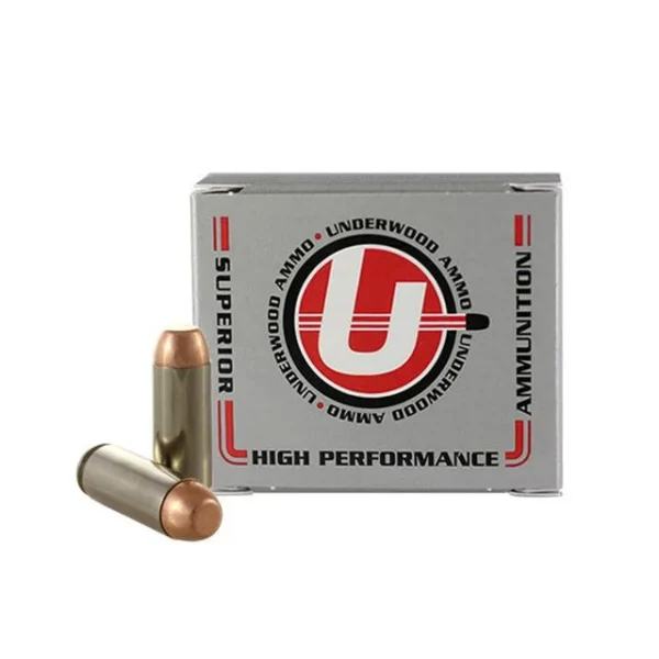 Underwood Ammo Handgun Ammunition, gray box with three brass cartridges, front view