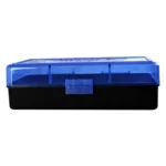 Berry's Mfg 50rd Ammo Box, closed box with translucent blue lid and black bottom, front view