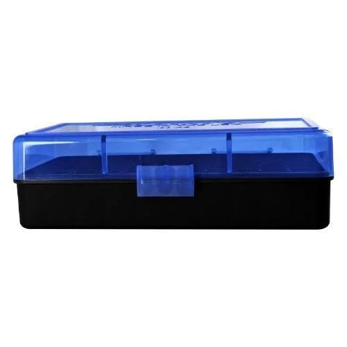 Berry's Mfg 50rd Ammo Box, closed box with translucent blue lid and black bottom, front view