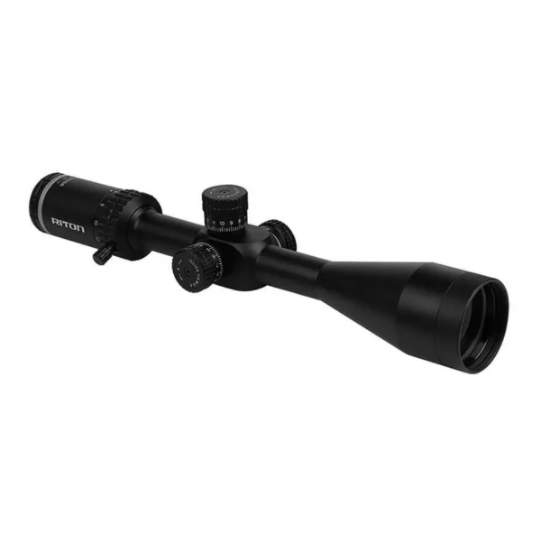 Riton X1 Conquer black rifle scope, angled side view with adjustment turrets and large objective lens