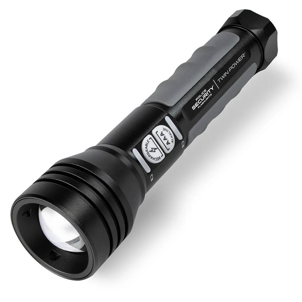 600-lumen-twin-power-flashlight-primary-1 Police Security Twin Power Flashlight black angled view with flared lens housing