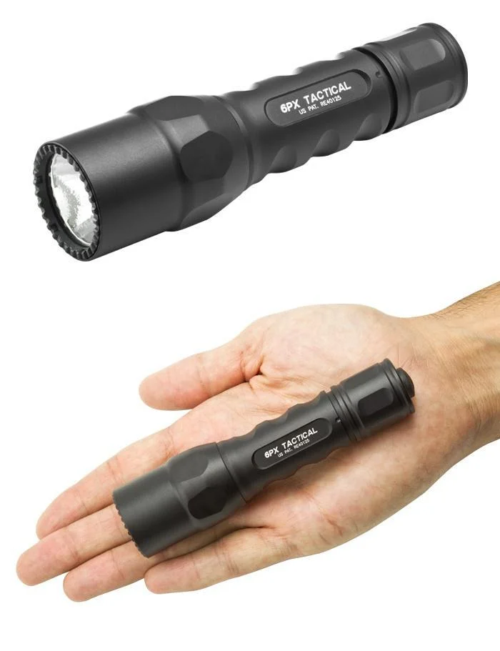 6px-tactical-flashlight-320-lumen-led-primary Surefire 6PX Tactical Flashlight, black angled view with textured body, shown beside a hand for scale