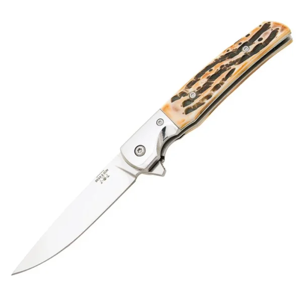 Bear & Son Rancher Sideliner Folding Knife, open angled view with stag bone handle
