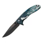 Bear & Son Sideliner Folding Knife, open side view with black clip-point blade and blue patterned handle