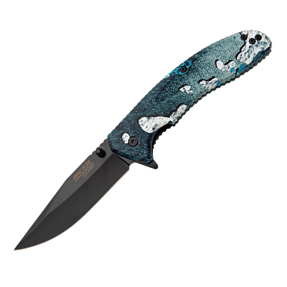 730153611388-primary Bear & Son Sideliner Folding Knife, open side view with black clip-point blade and blue patterned handle