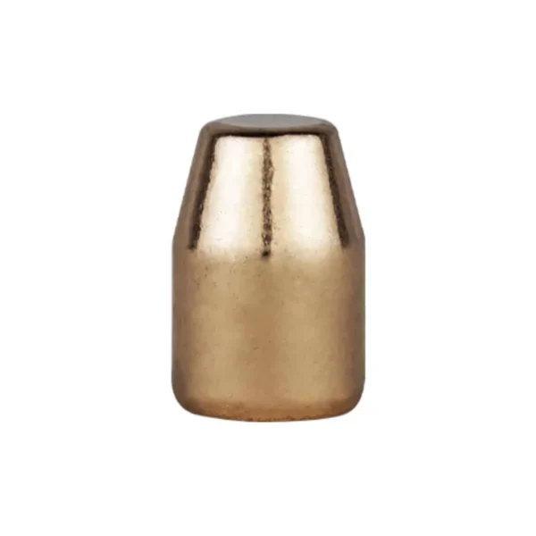 Berry's Superior Plated Bullets, brass-colored flat-point bullet in front view