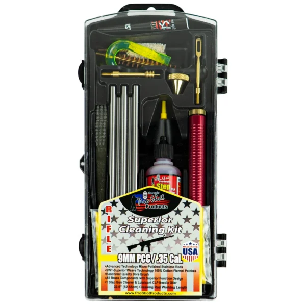 Pro-Shot 9mm Luger Classic Cleaning Kit, open black case with rods, brushes, patches and bottle