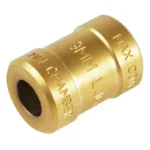 RCBS Chamber/Case Length Gauge, angled view of brass cylindrical gauge with engraved markings