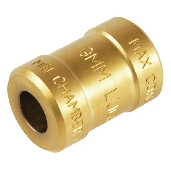RCBS Chamber/Case Length Gauge, angled view of brass cylindrical gauge with engraved markings
