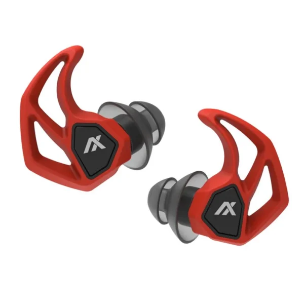 AXIL X30I blaze orange and black earplugs, angled view with gray silicone tips