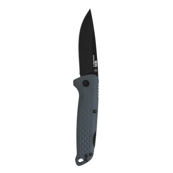 SOG Knives Adventurer LB, open folding knife with black blade and grey handle, right-side view
