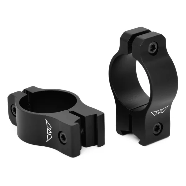 Warne Vapor 2-Piece Rimfire Scope Rings black anodized rings in two angled views