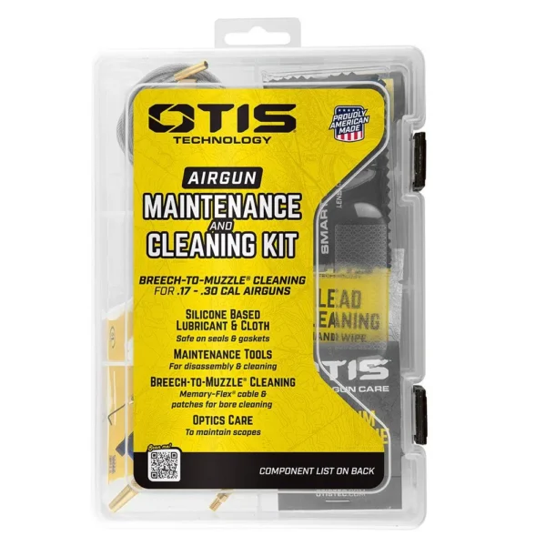 OTIS AIRGUN MAINT & CLEANING KIT, front view of clear plastic case with yellow label