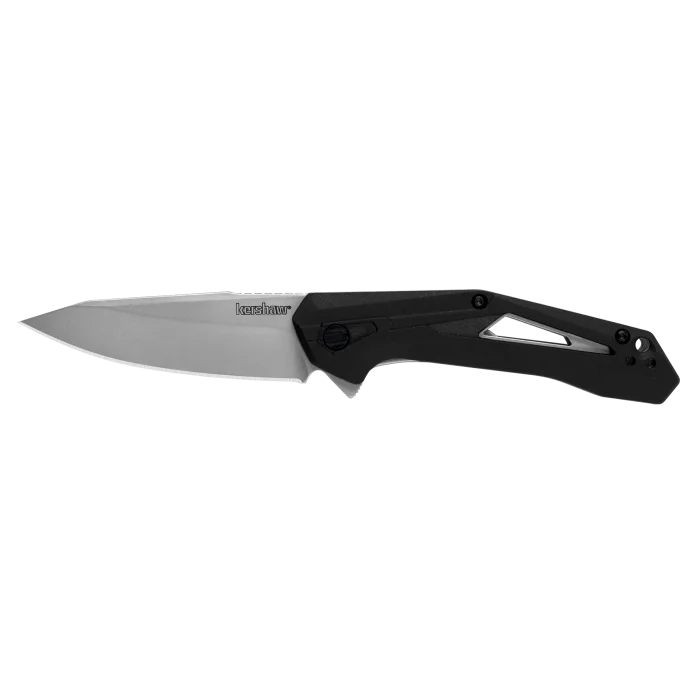 airlock-folding-knife-drop-point-primary Kershaw Airlock Folding Knife, open side view with silver drop-point blade and black handle