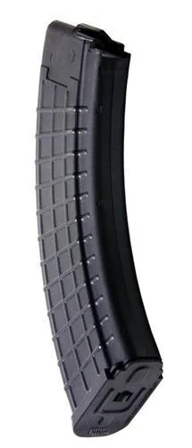 ProMag AK-47 Magazine, smoke polymer curved front view with ribbed body