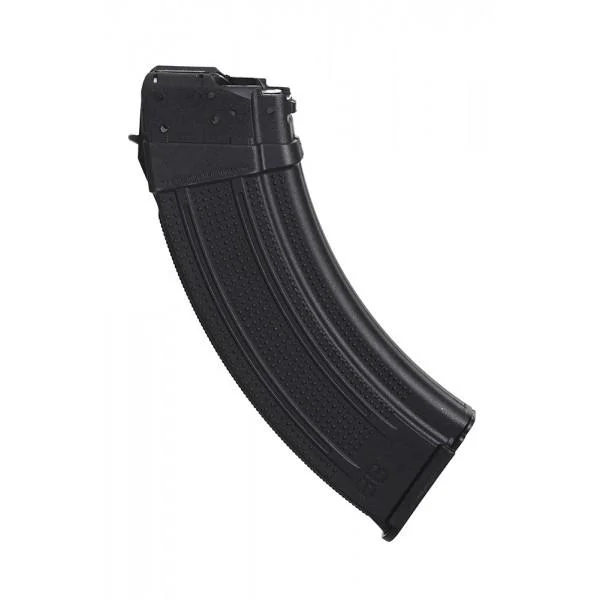 Promag AK-47 Magazine, black curved magazine in three-quarter view with ribbed body