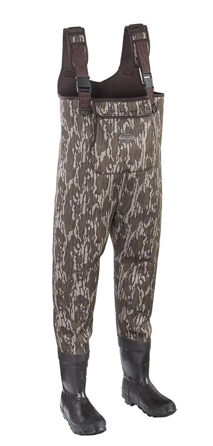 allen-sequatchie-waders-size-9-primary Allen Sequatchie 3.5mm Waders in Mossy Oak camouflage, front view with suspenders and black boots