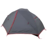 Alps Mountaineering Helix tent, front three-quarter view in gray with red trim and low profile