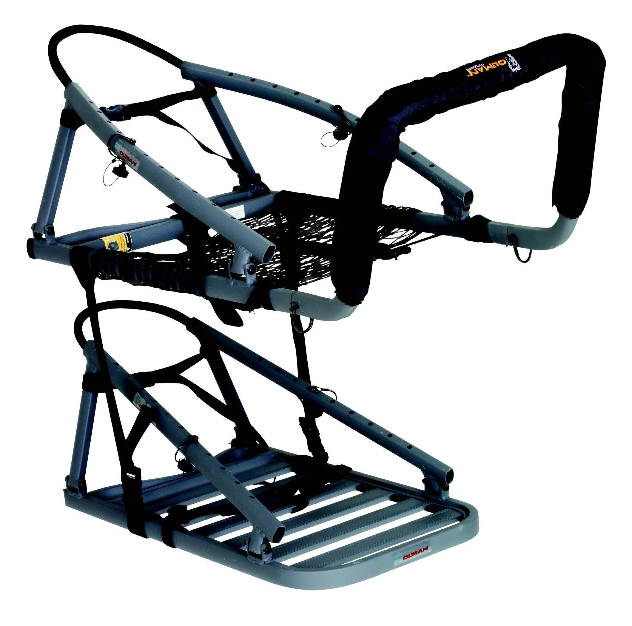 alumalite-cts-climbing-treestand-primary-1 Millennium Ol'Man AlumaLite Climbing Treestand, angled view of gray frame, seat and foot platform