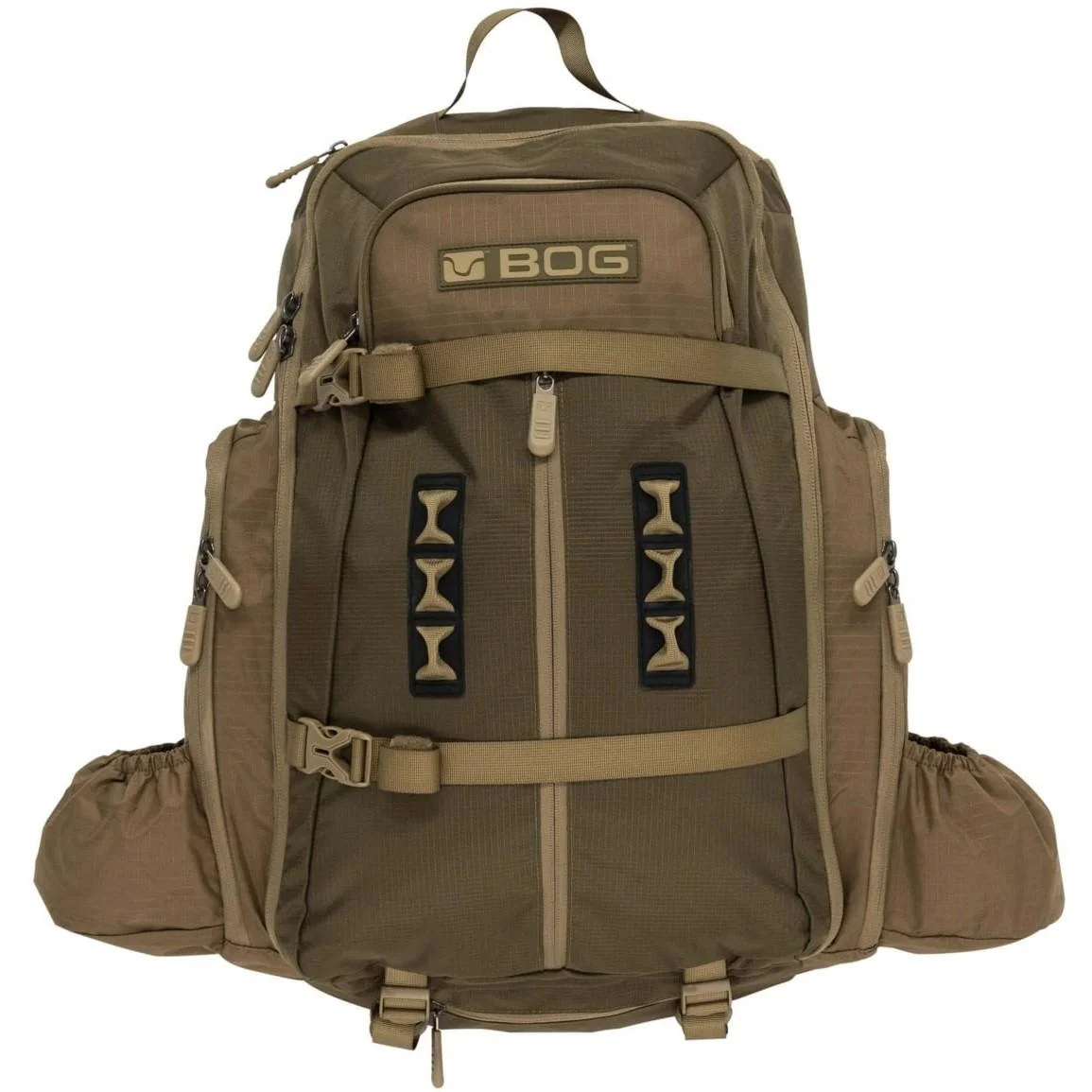 aluminum-stay-day-pack-fde-primary AOB BOG Hunting Aluminum Stay Day Pack FDE, front view with straps, buckles and side pockets