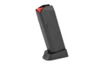 MAG AMEND2 FOR GLK23 13RD BLK black magazine, angled side view with red follower and extended base