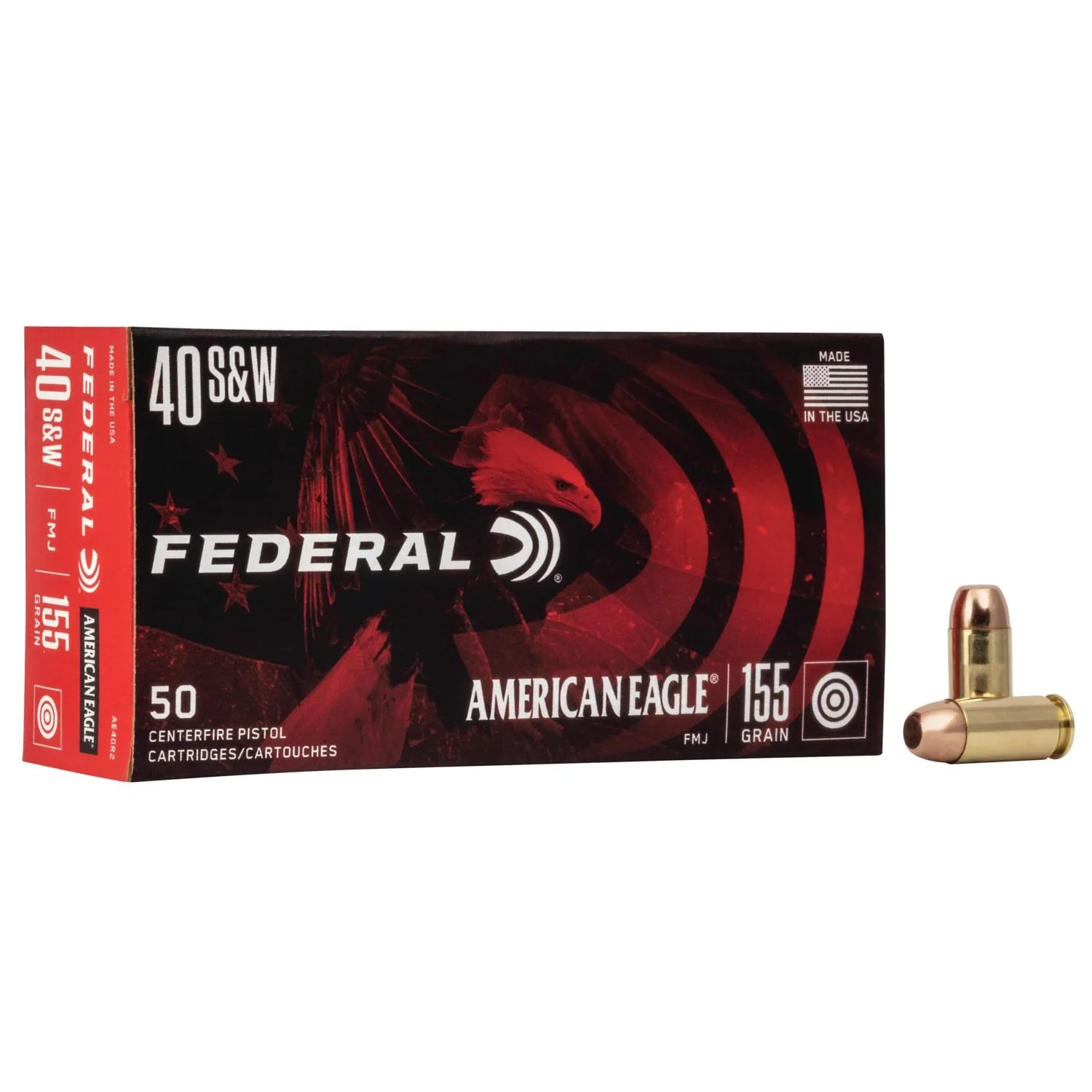 american-eagle-40-s-w-155-gr-fmj-ammo-primary Federal Cartridge Co. American Eagle Handgun Ammunition red and black box with two cartridges