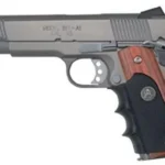 Pachmayr American Legend Grips, side view installed on a silver handgun with brown and black panels