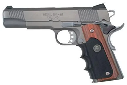 Pachmayr American Legend Grips, side view installed on a silver handgun with brown and black panels