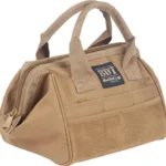 Bulldog Cases Ammo & Accessory Bag, tan angled view with carry handles, zippers and mesh pocket