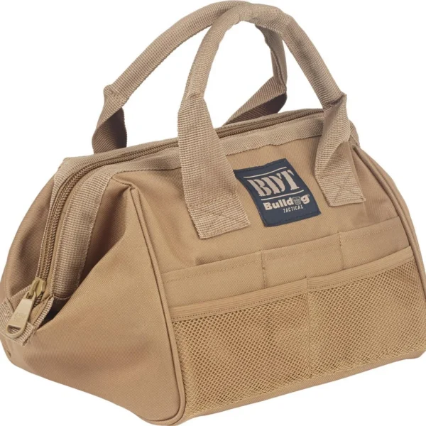Bulldog Cases Ammo & Accessory Bag, tan angled view with carry handles, zippers and mesh pocket